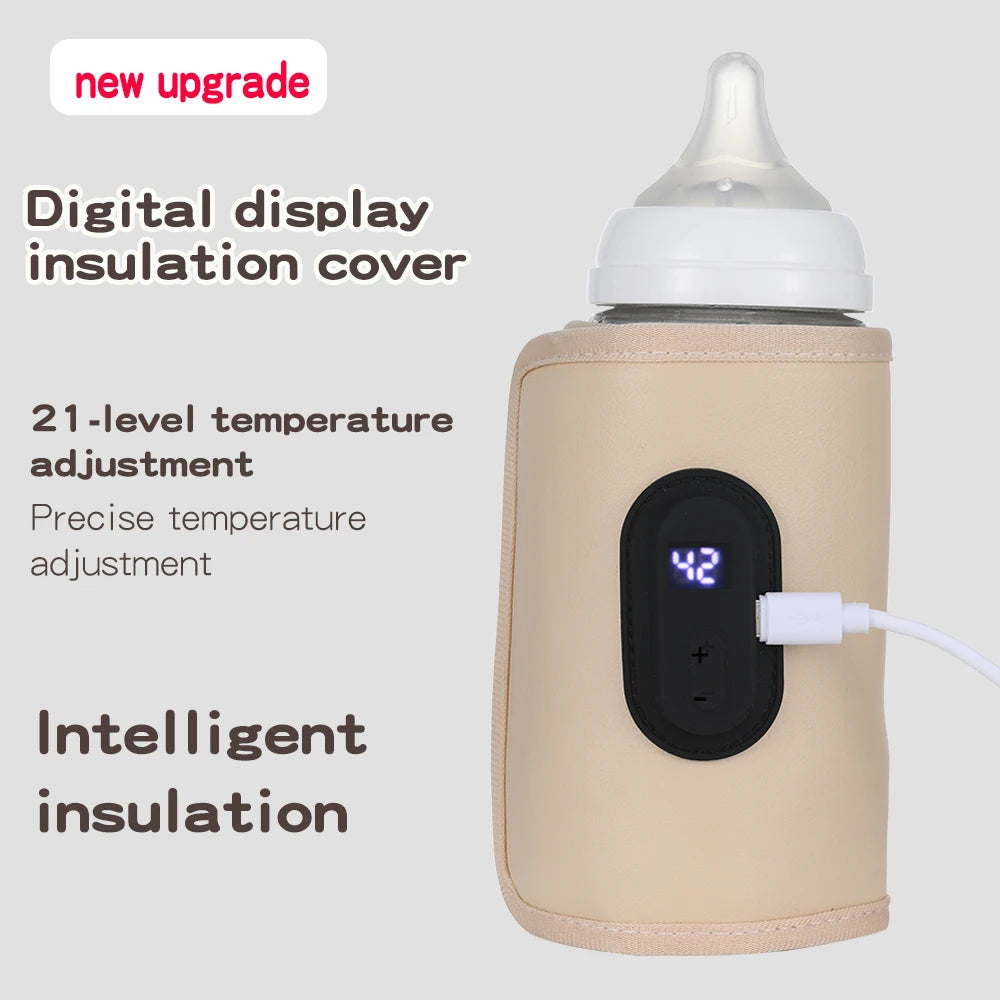 Digital display insulation cover for a bottle with temperature adjustment features on a white background.